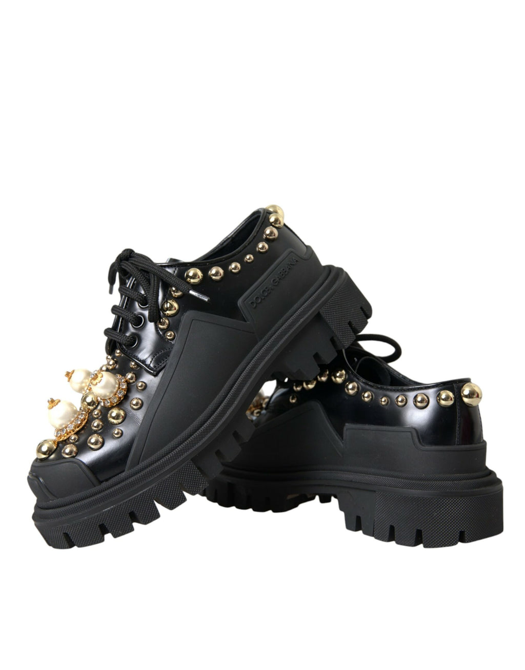 Chaussures Derby Dolce & Gabbana en cuir noir avec embellissements pour trekking, style élégant et tendance.