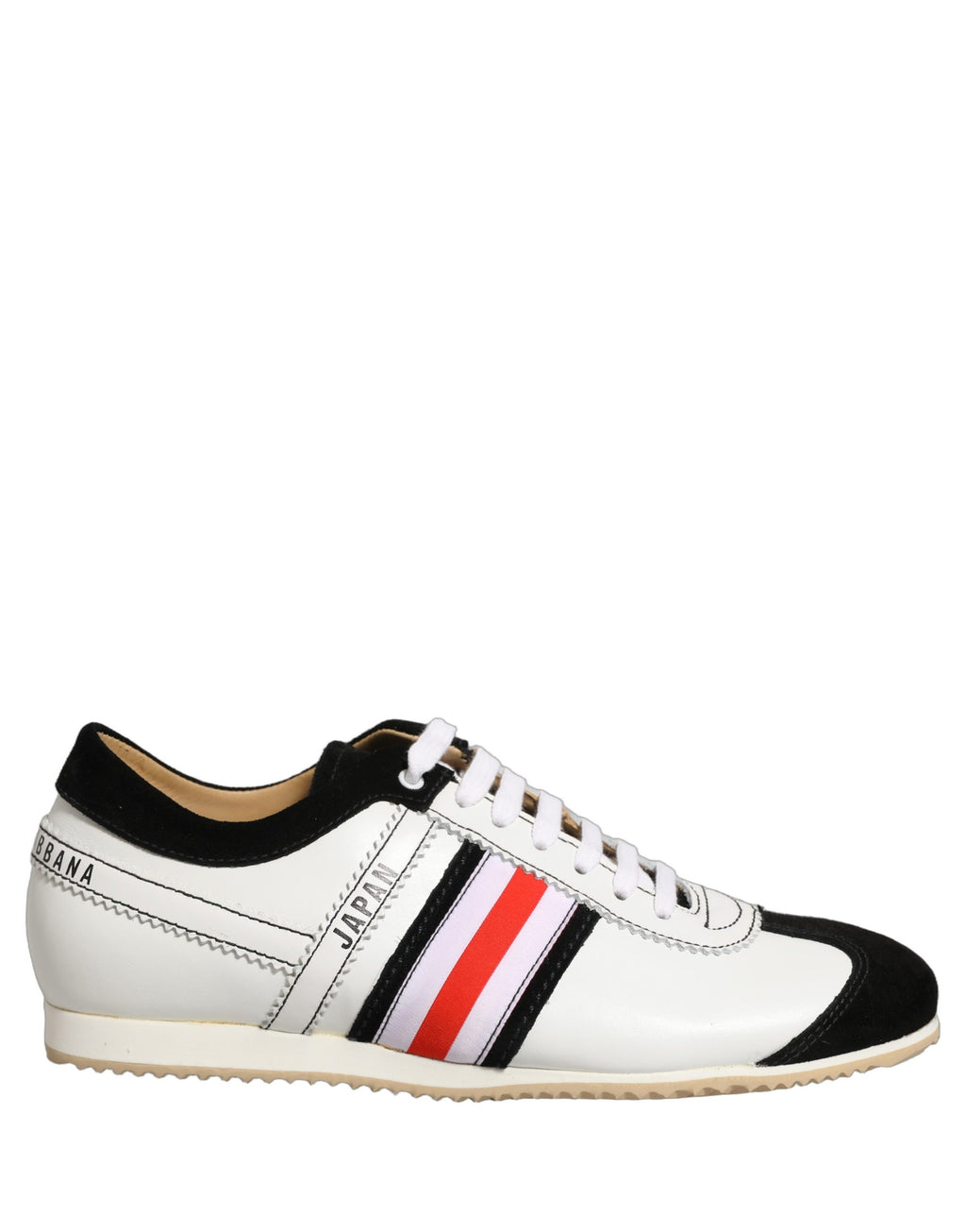 Chaussures basses Dolce & Gabbana en cuir et daim noir et blanc, sneakers élégants pour homme, vue de face.