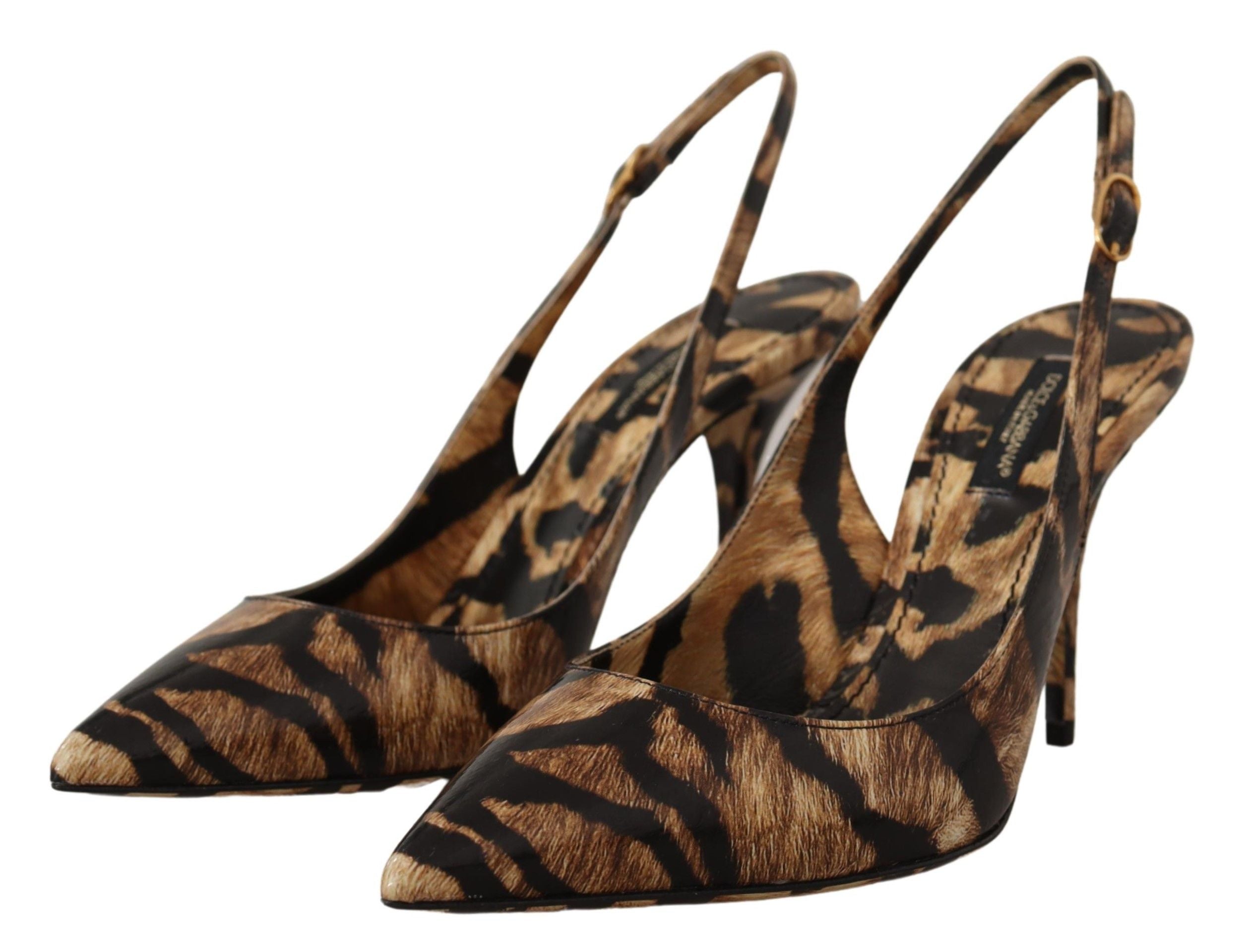 Chaussures à talons Dolce & Gabbana en cuir marron avec motif tigre, slingbacks élégants pour femmes