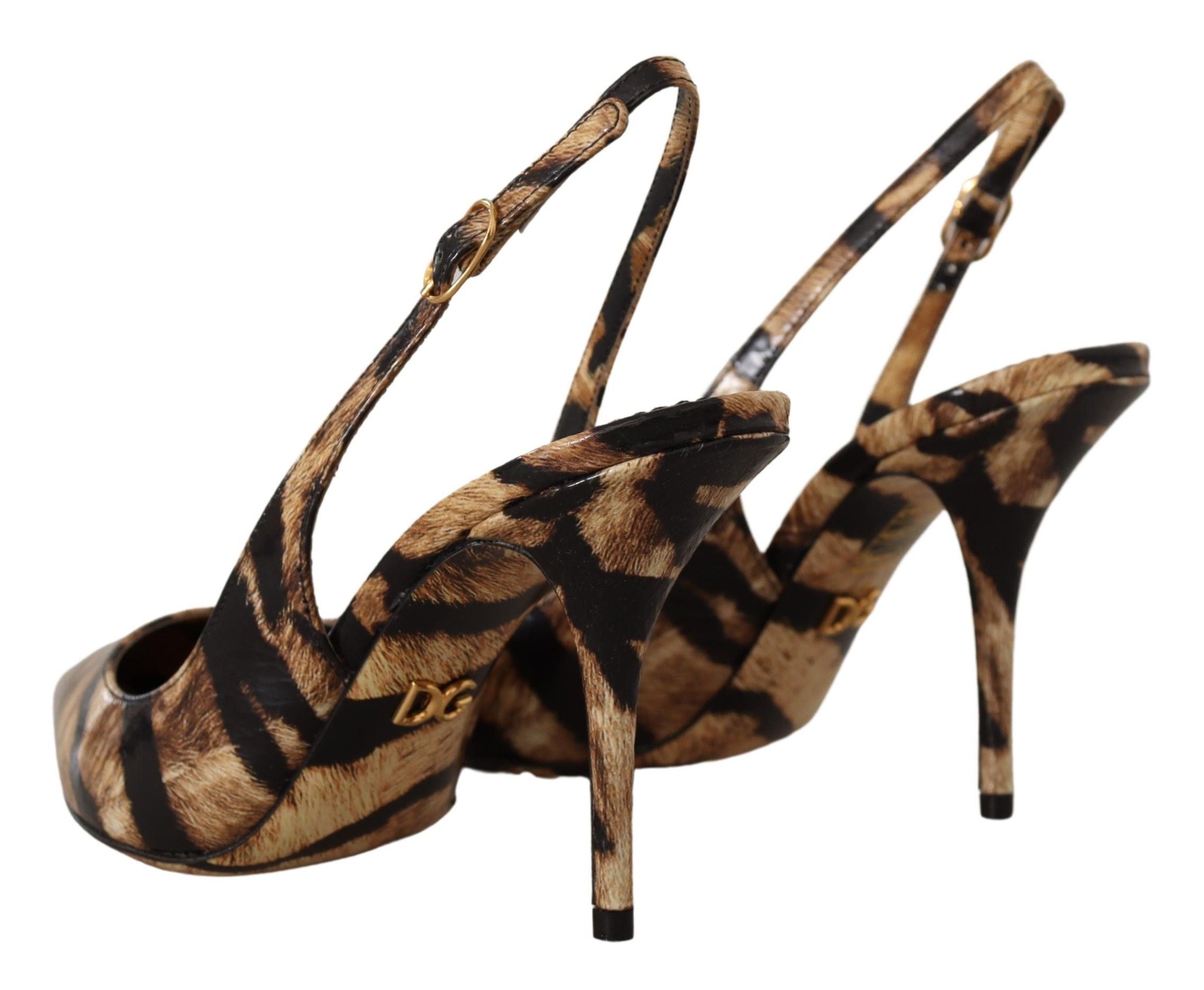 Chaussures à talons en cuir tigre marron de Dolce & Gabbana, slingbacks élégants pour femmes.