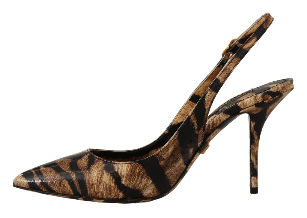 Chaussures slingbacks en cuir marron avec motif tigre de Dolce & Gabbana, élégantes et sophistiquées.