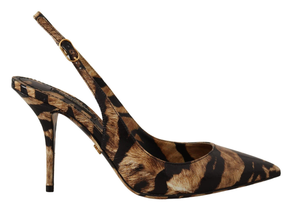 Chaussures Dolce & Gabbana slingbacks en cuir marron avec motif tigre, élégantes et sophistiquées pour femmes.