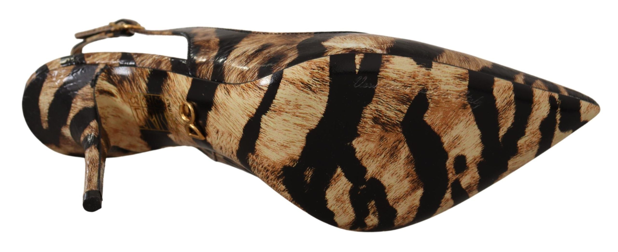 Chaussures à talons Dolce & Gabbana en cuir marron avec motif tigre, slingbacks élégants pour femmes.