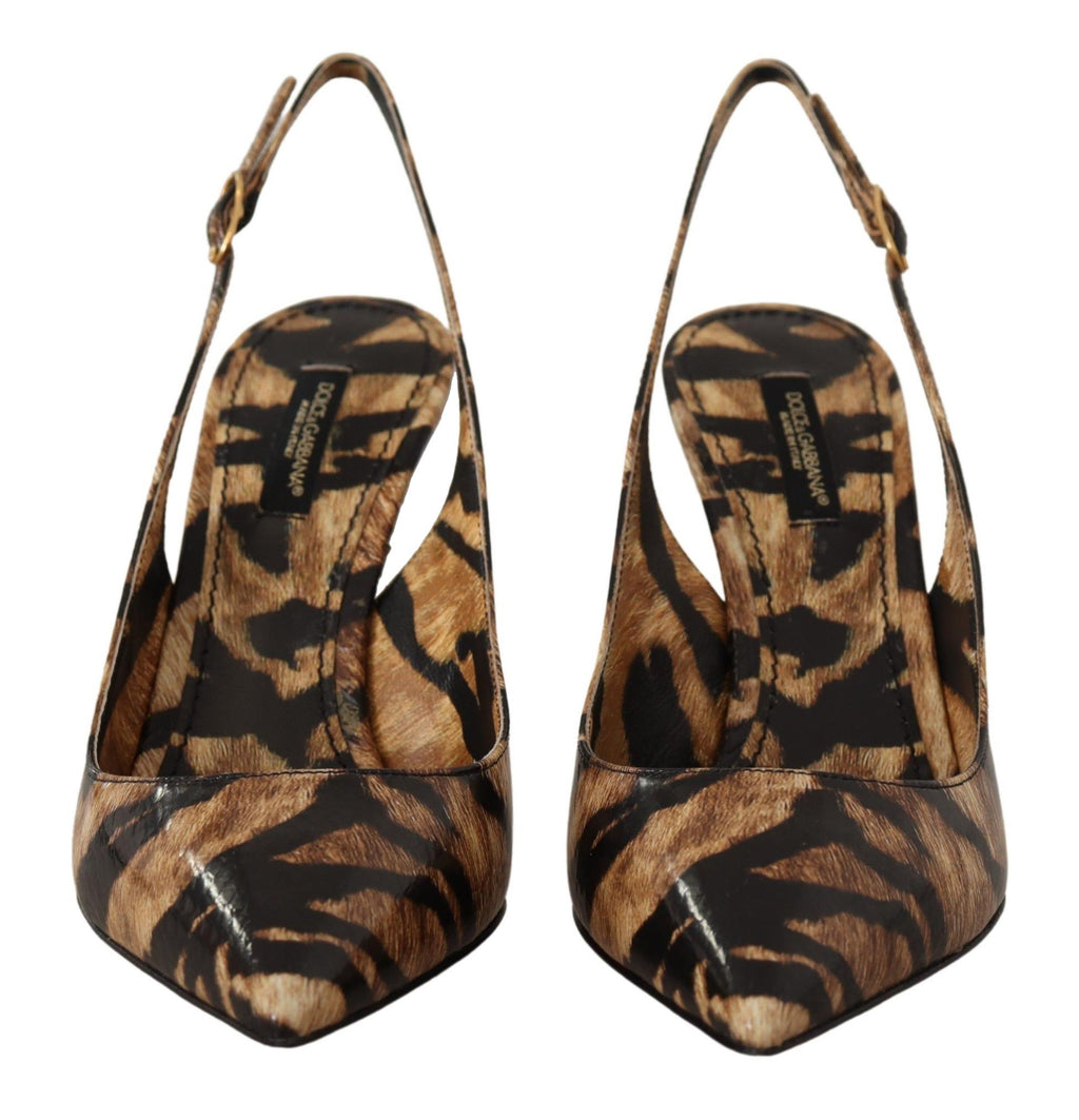 Chaussures Dolce & Gabbana slingbacks en cuir marron avec motif tigre, élégantes et confortables pour femmes.