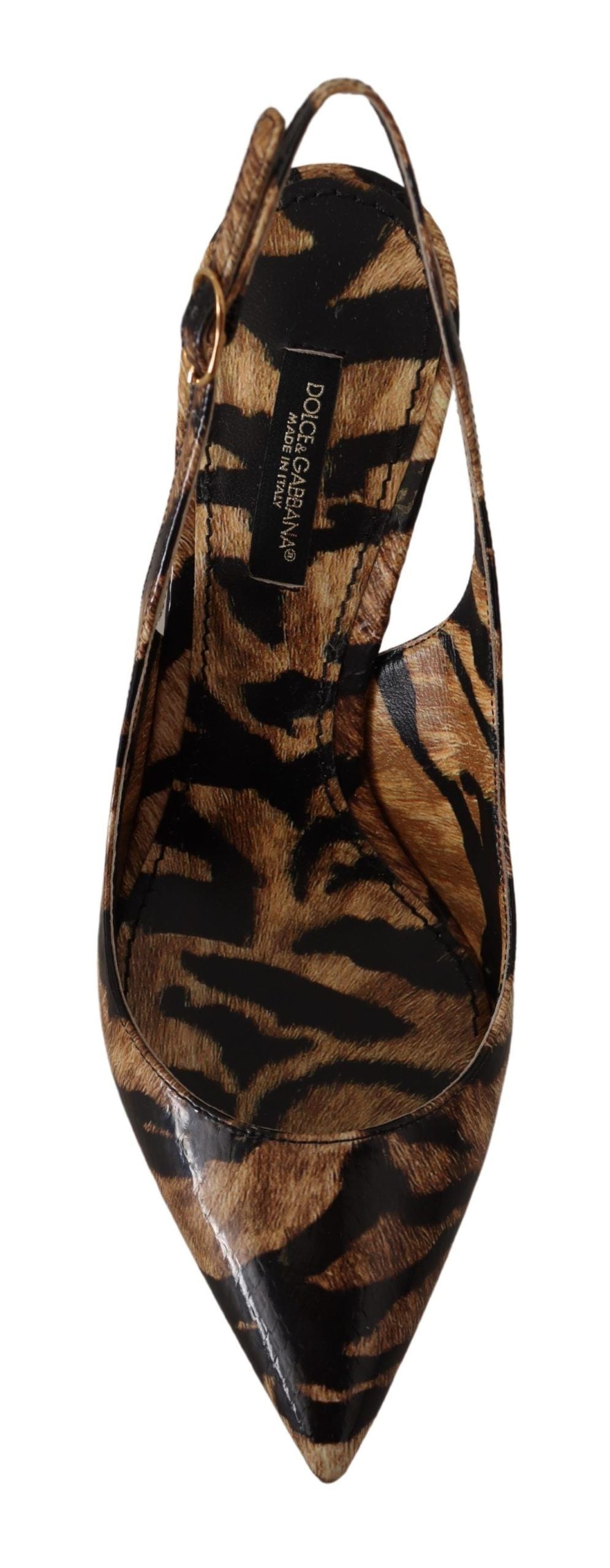 Chaussures à talons Dolce & Gabbana en cuir marron avec motif tigre, slingbacks élégants et sophistiqués.