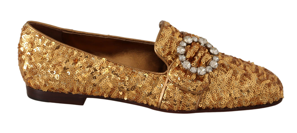 Chaussures plates pour femmes Dolce & Gabbana en sequins dorés et cristaux, mocassins élégants avec finition brillante.