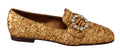 Chaussures plates pour femmes Dolce & Gabbana en sequins dorés et cristaux, mocassins élégants avec finition brillante.