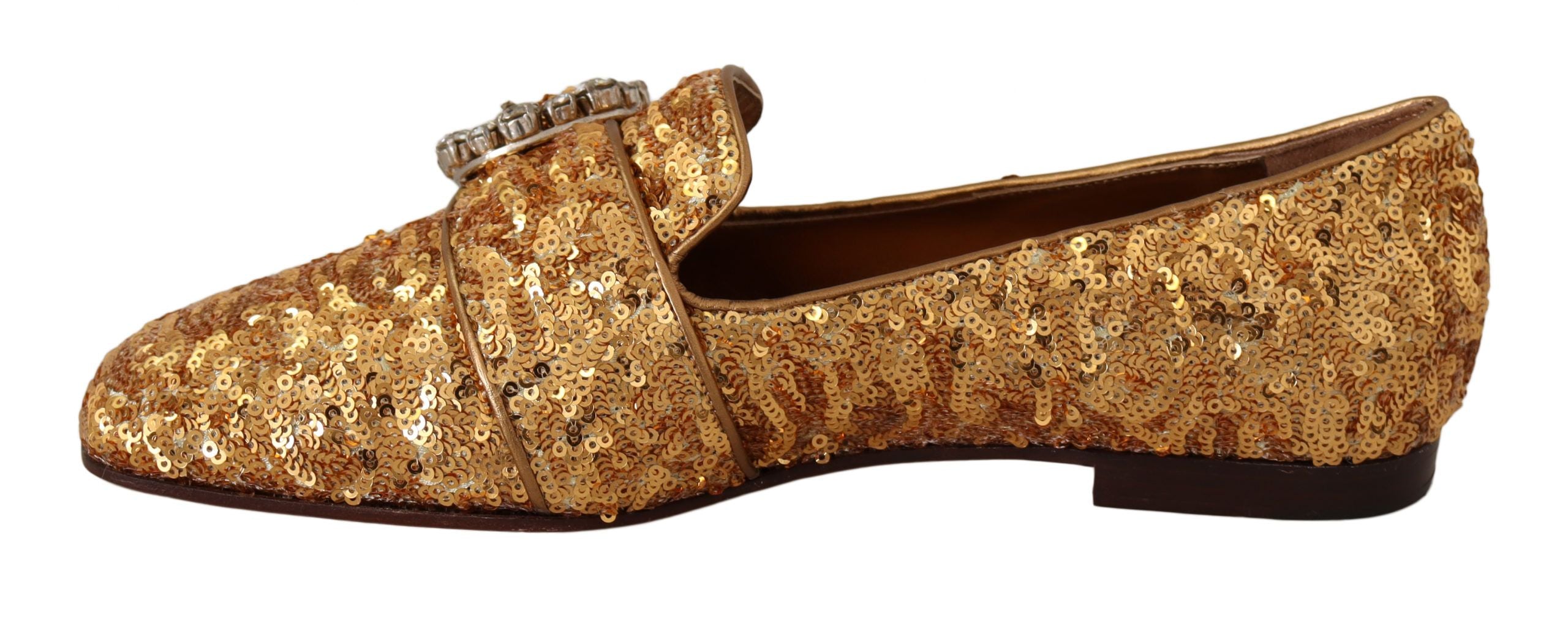 Chaussures Dolce & Gabbana ballerines plates pour femmes avec sequins dorés et cristaux, élégantes et brillantes.