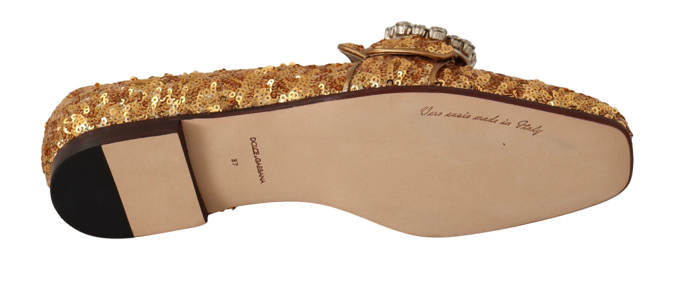 Chaussures loafers plates Dolce & Gabbana dorées à sequins et cristaux pour femmes, élégantes et brillantes.
