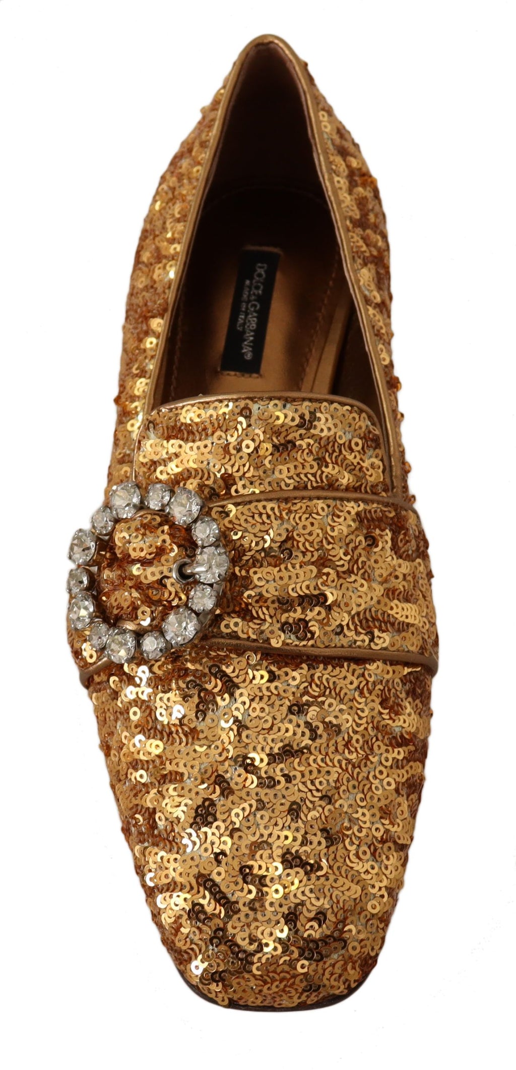 Chaussures loafers plates en or avec sequins et cristaux Dolce & Gabbana pour femmes, vue de face.