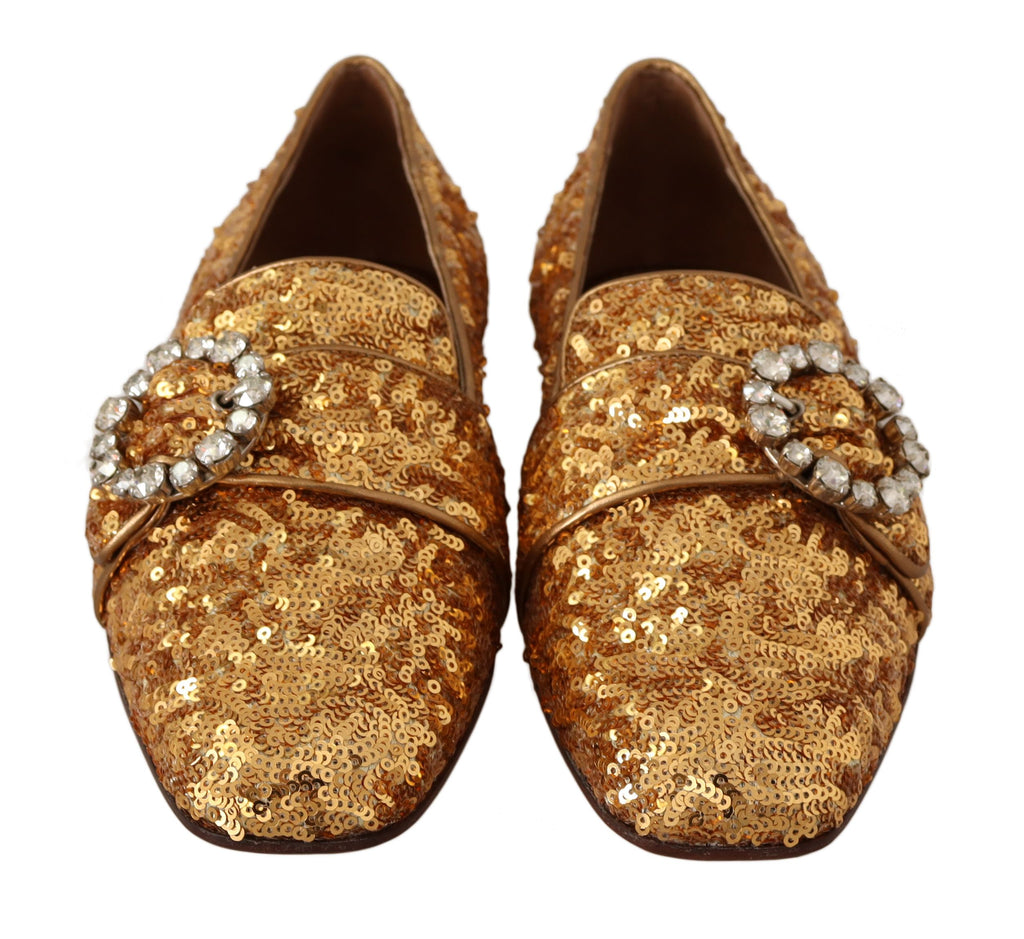Chaussures plates pour femmes Dolce & Gabbana en sequins or et cristaux, élégantes mocassins à lacets brillants