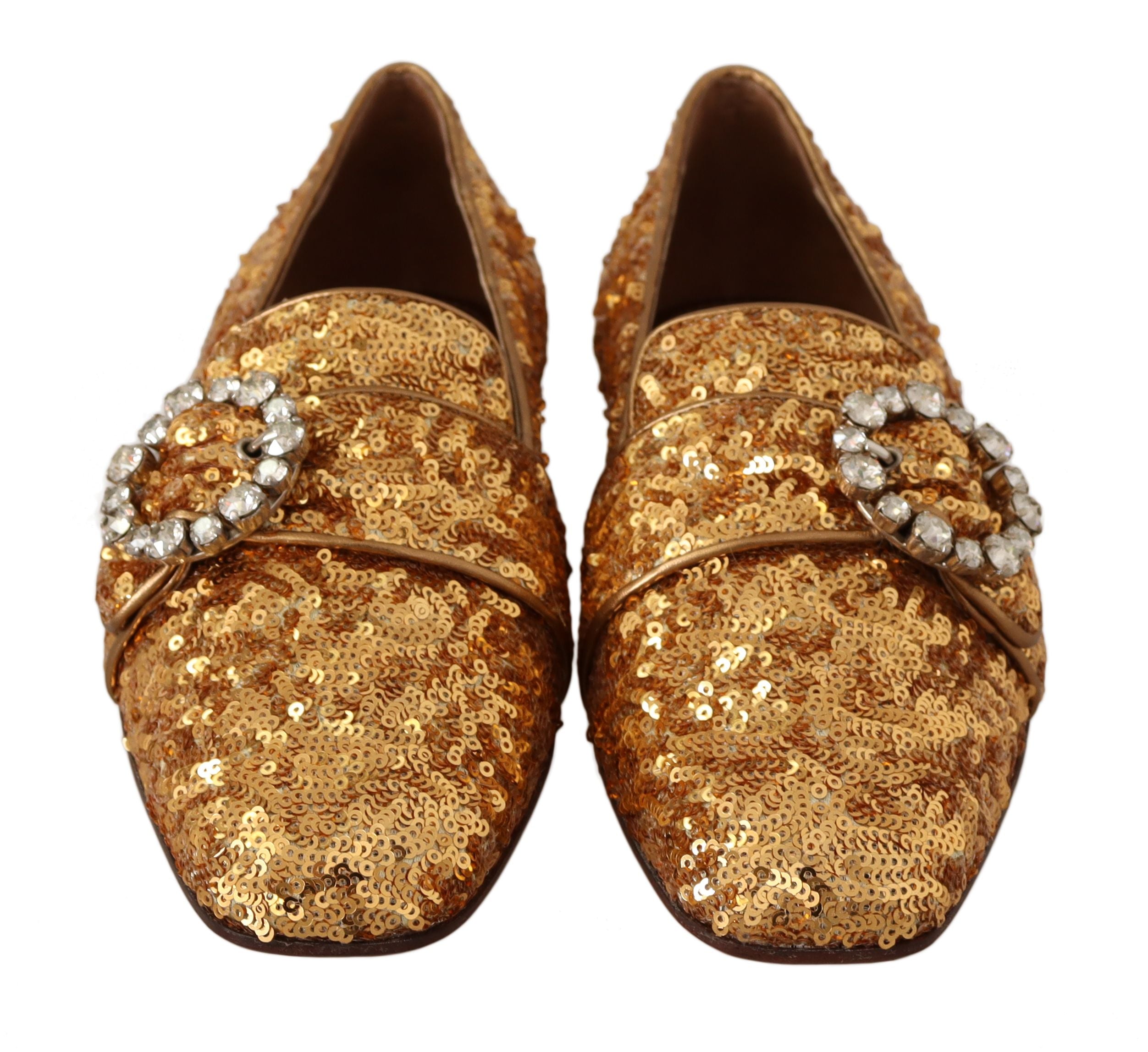 Chaussures plates pour femmes Dolce & Gabbana en sequins or et cristaux, élégantes mocassins à lacets brillants