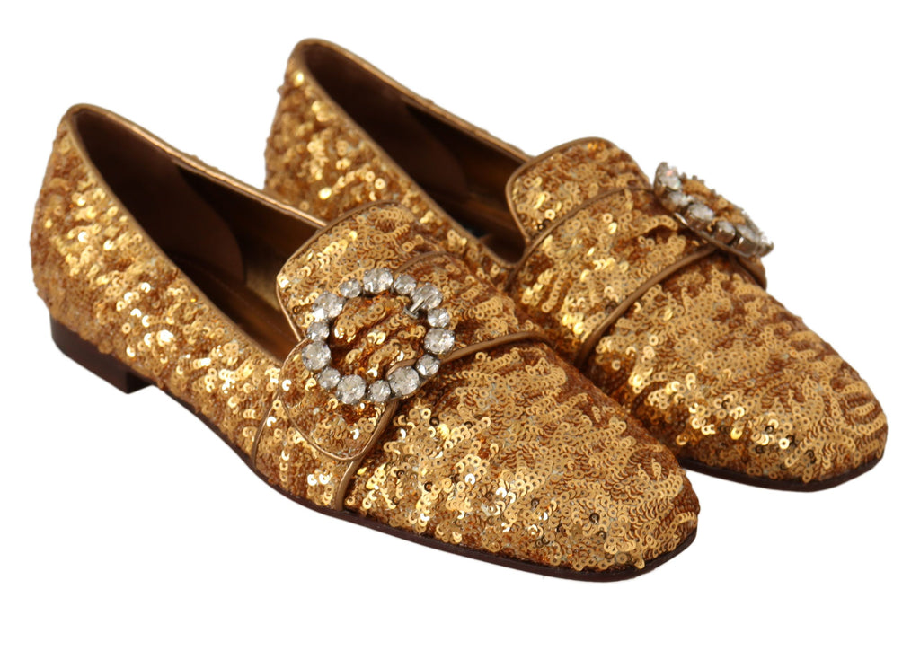 chaussures mocassins plates en or à sequins et cristaux Dolce & Gabbana pour femmes, détails brillants et élégants