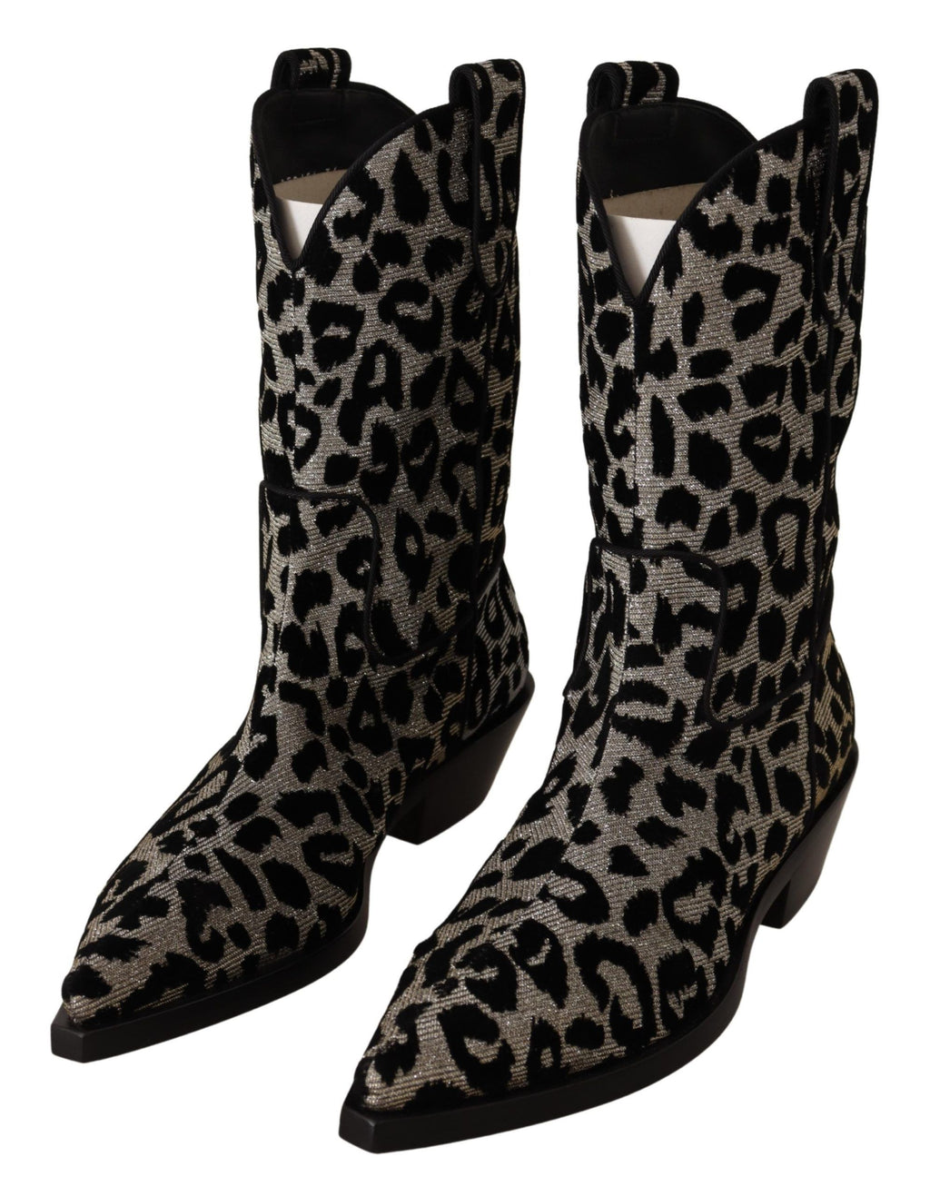 Bottes de cowboy Dolce & Gabbana gris et noir avec motif léopard, en cuir, style élégant et original.