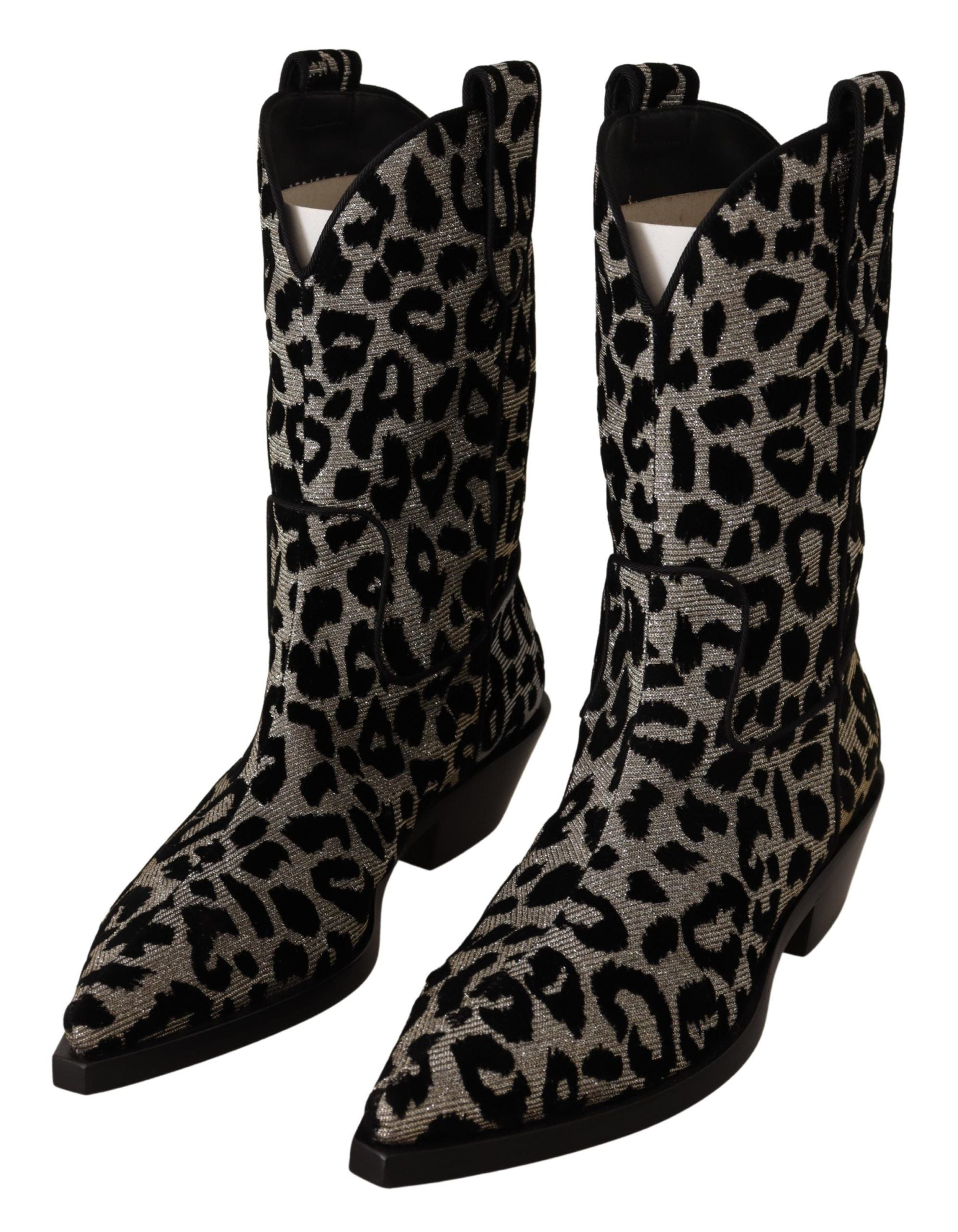 Bottes de cowboy Dolce & Gabbana gris et noir avec motif léopard, en cuir, style élégant et original.