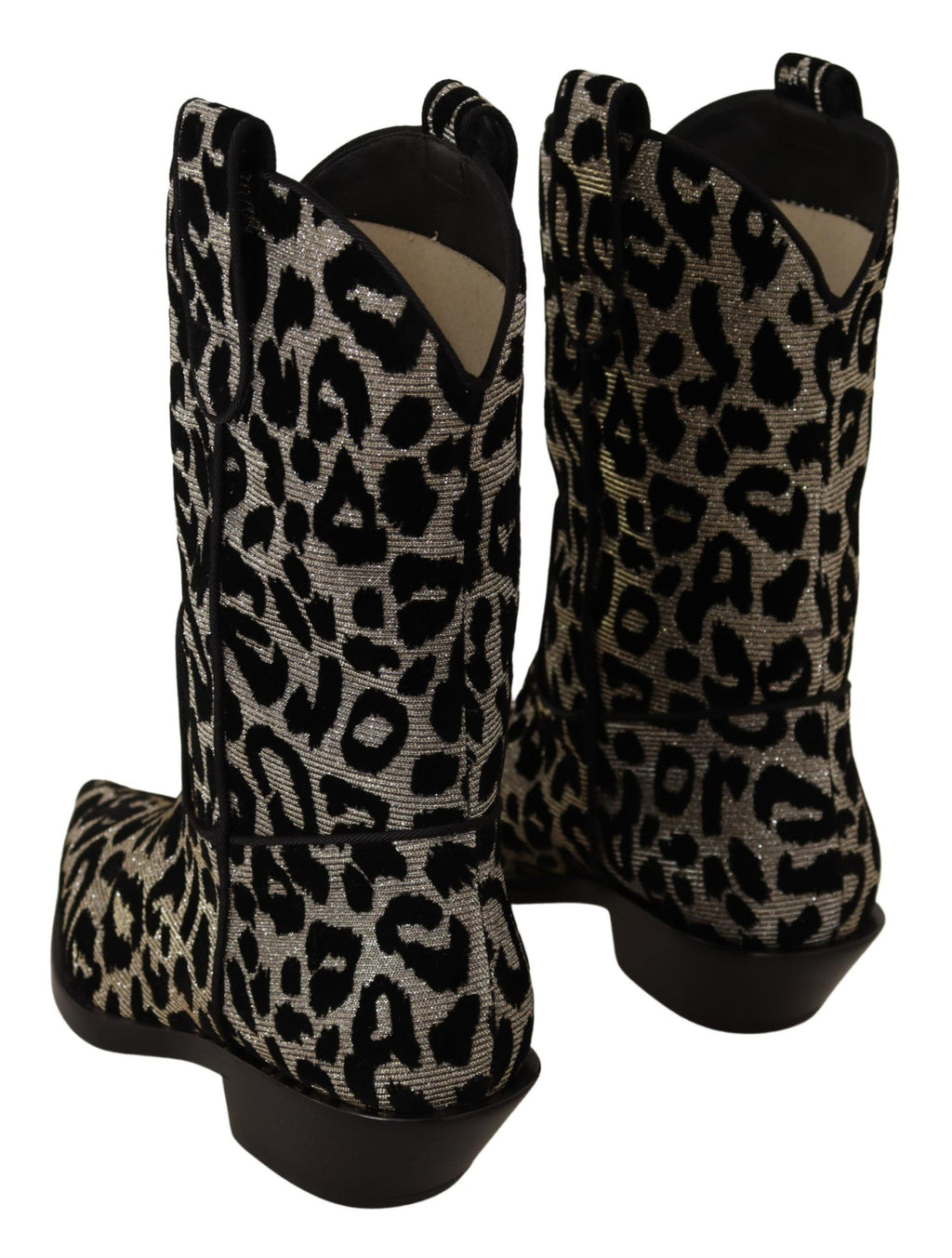 Bottes cowboy Dolce & Gabbana en cuir gris et noir à motif léopard, style élégant et tendance, vue de profil.