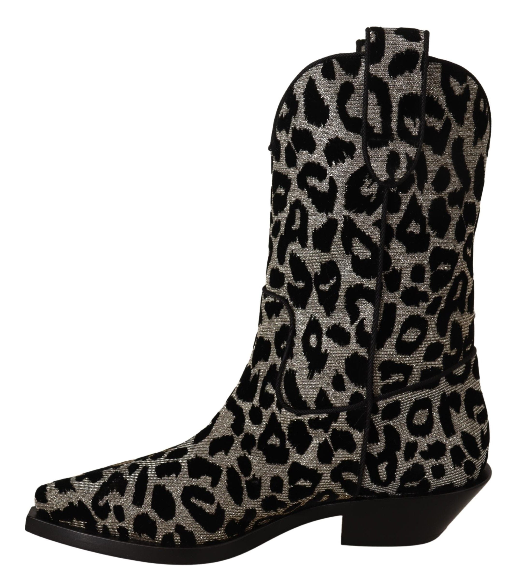 Bottes de cowboy Dolce & Gabbana gris et noir avec motif léopard, chaussures élégantes en cuir pour femmes