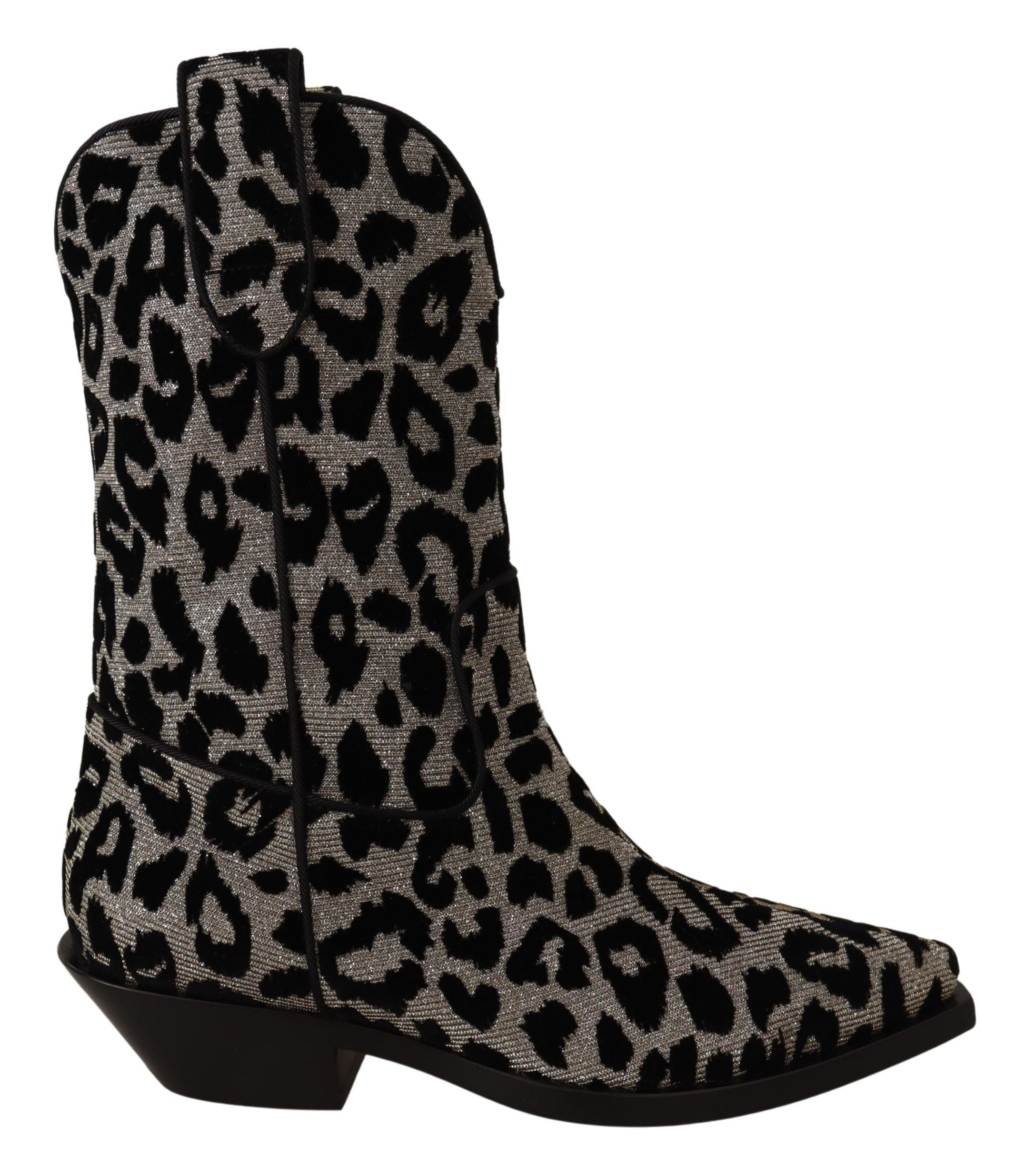 Bottes de cowboy Dolce & Gabbana en cuir gris et noir avec motif léopard, style élégant et tendance.