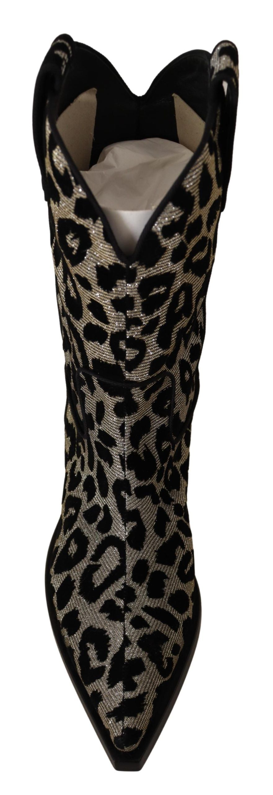 Bottes de cowboy Dolce & Gabbana gris et noir avec motif léopard, chaussures élégantes en cuir pour femmes