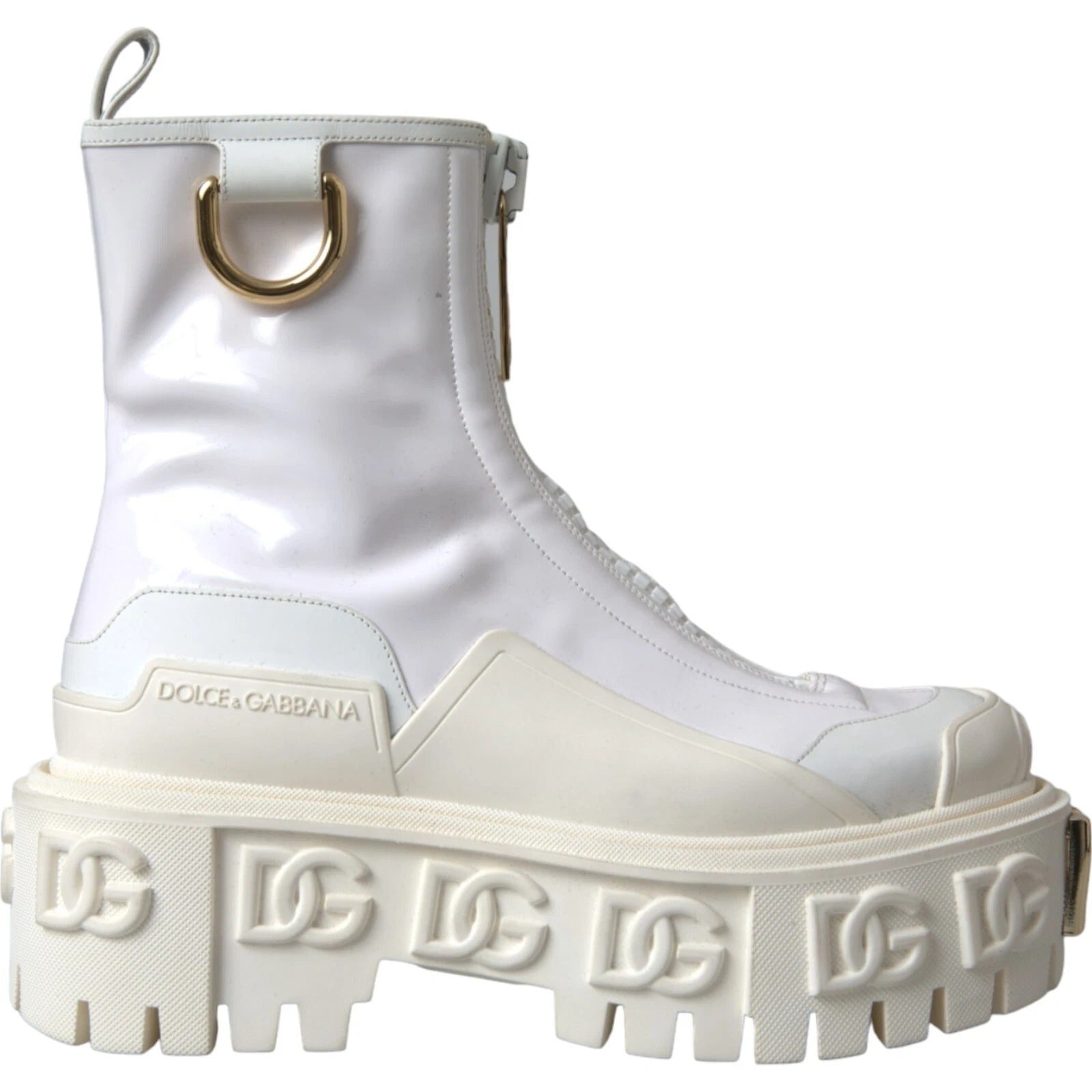 Bottes ankle en cuir blanc avec logo en caoutchouc de Dolce & Gabbana, chaussures élégantes et modernes.