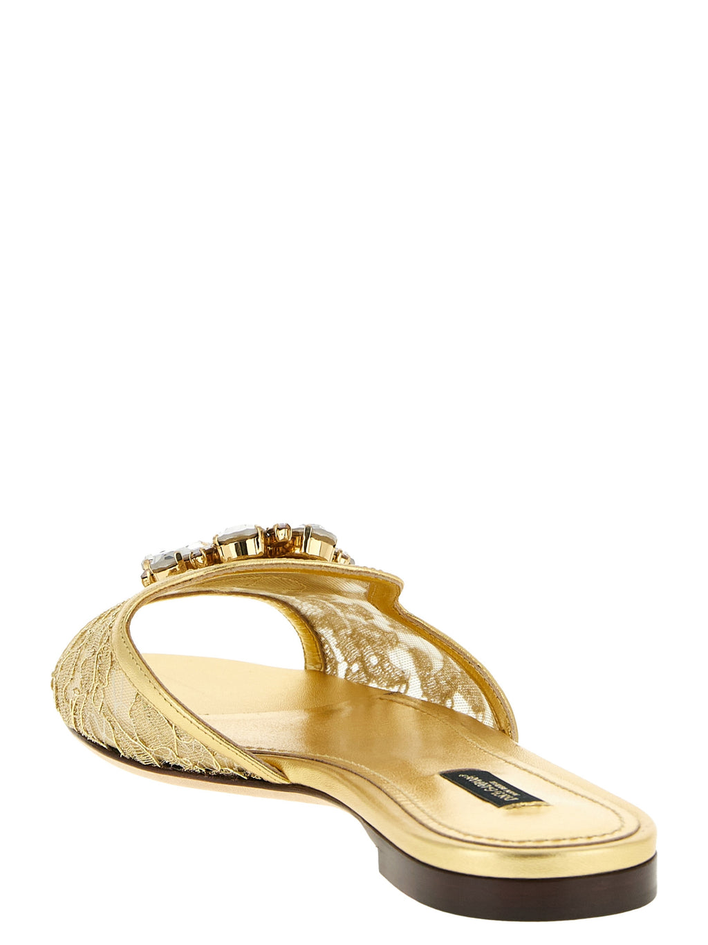 Sandales Dolce & Gabbana en polyamide doré, avec design élégant et détails modernes, vues de côté sur fond neutre.