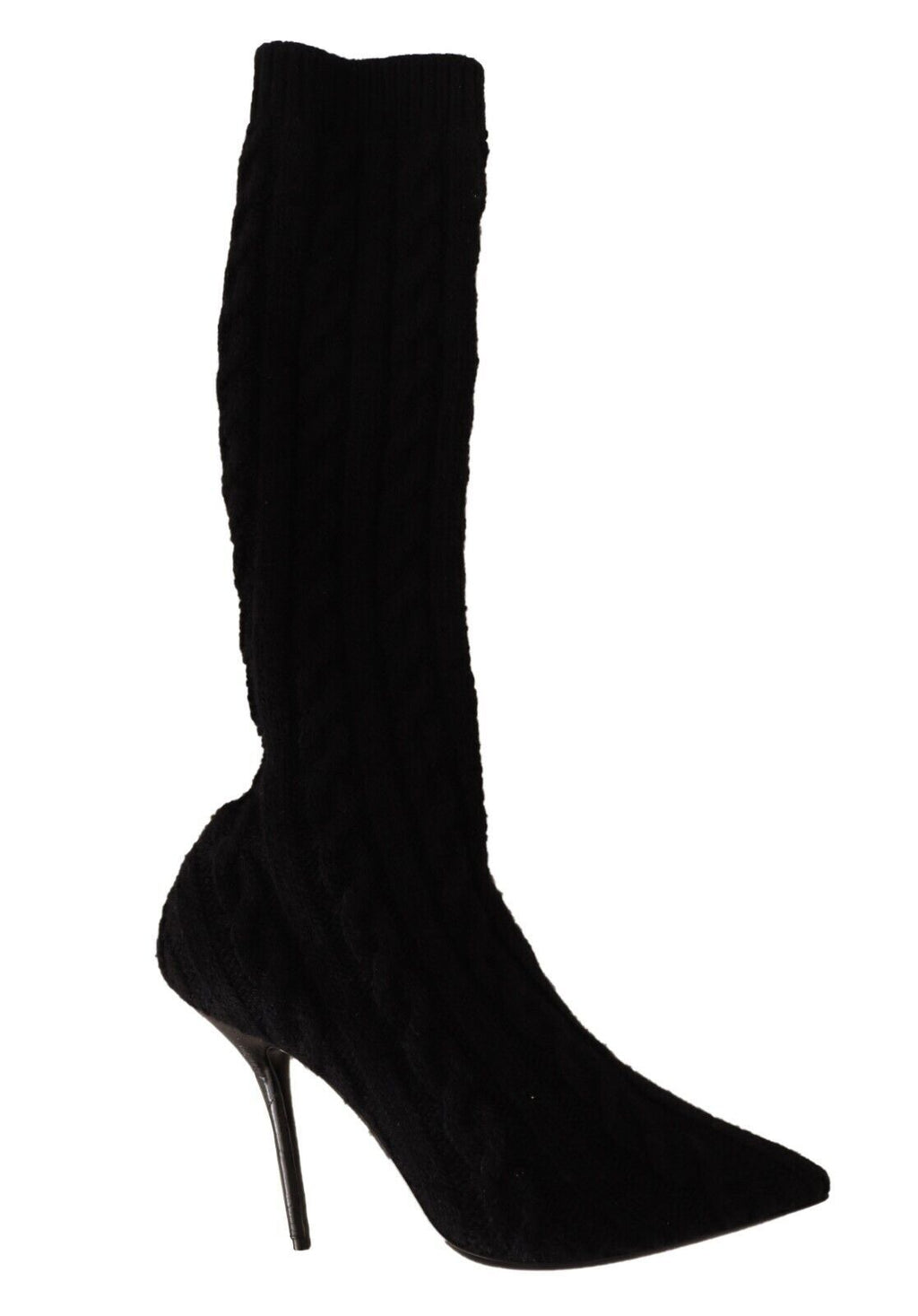 Chaussettes noires extensibles Dolce & Gabbana avec bottines montantes en cuir, vues de face sur fond neutre.