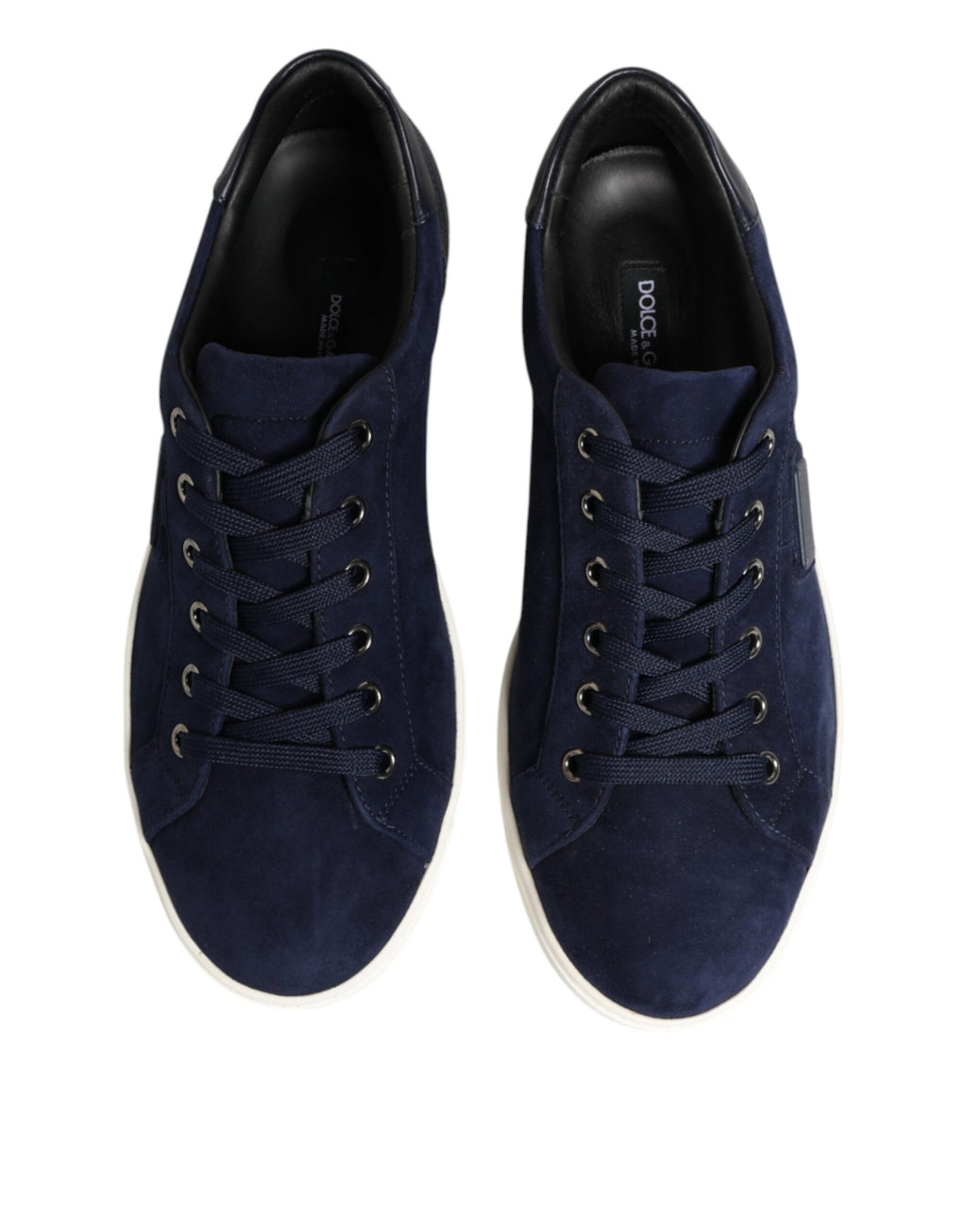 Chaussures basses en cuir et daim bleus Dolce & Gabbana, sneakers élégants pour homme ou femme, vue de face.