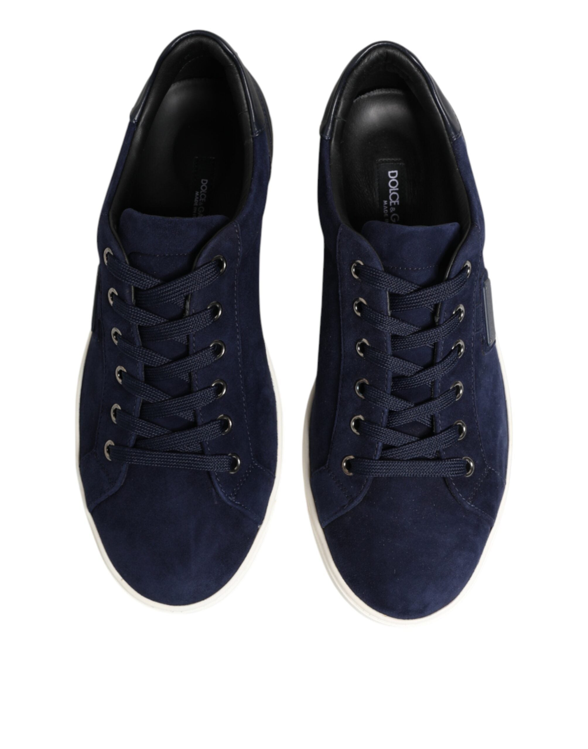 Chaussures basses en cuir et daim bleus Dolce & Gabbana, sneakers élégants pour homme ou femme, vue de face.