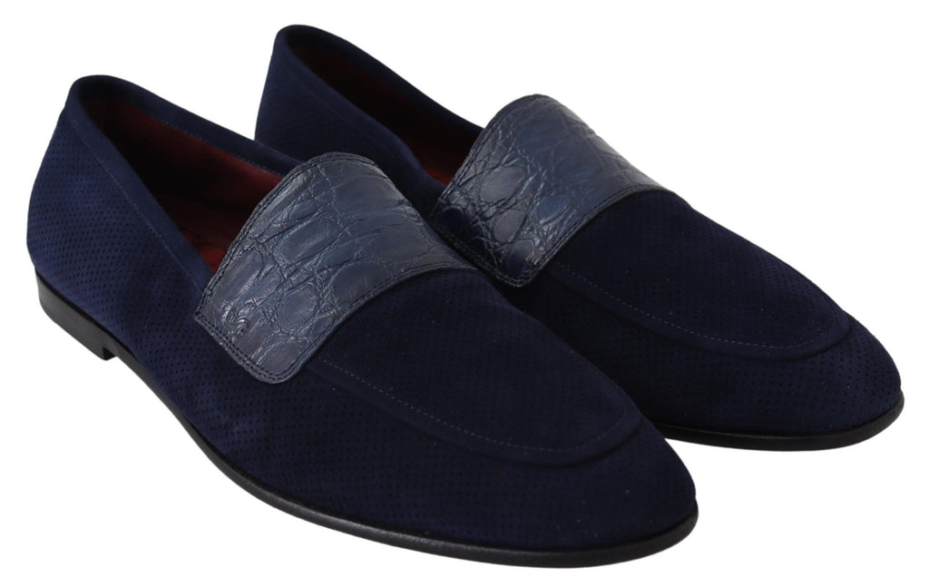 Chaussures mocassins en daim bleu Dolce & Gabbana, slippers en cuir de caïman, élégantes et confortables pour homme.