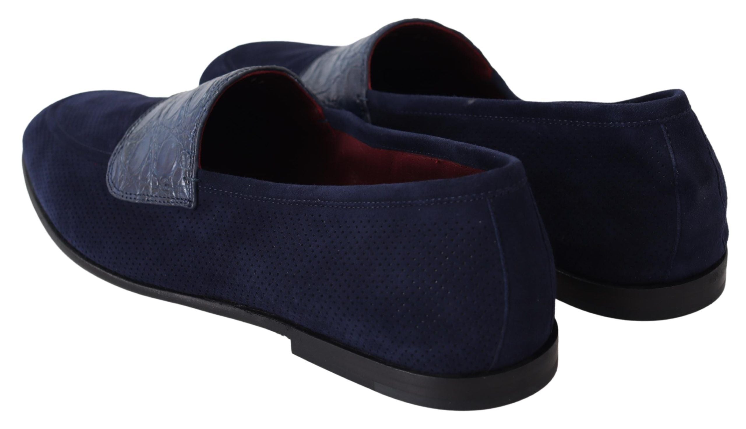 Chaussures Derby en daim bleu Dolce & Gabbana avec détails en caïman, slippers élégants en cuir souple.