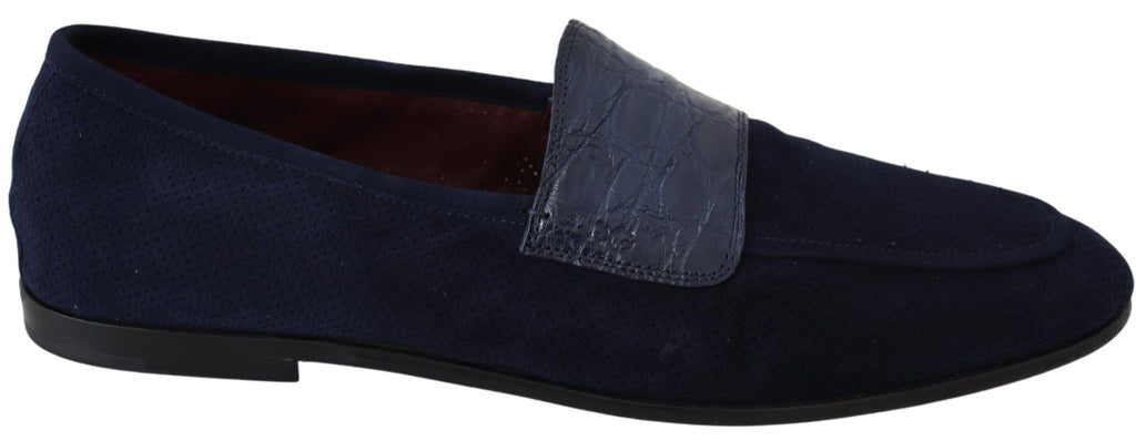 Chaussures mocassins Dolce & Gabbana en daim bleu avec détails en caïman, élégantes et confortables pour homme.