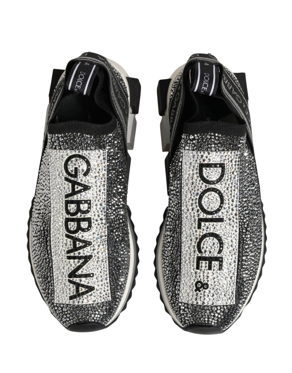 Chaussures sneakers slip-on Dolce & Gabbana Sorrento en argent avec logo en cristal brillant, vue de face.