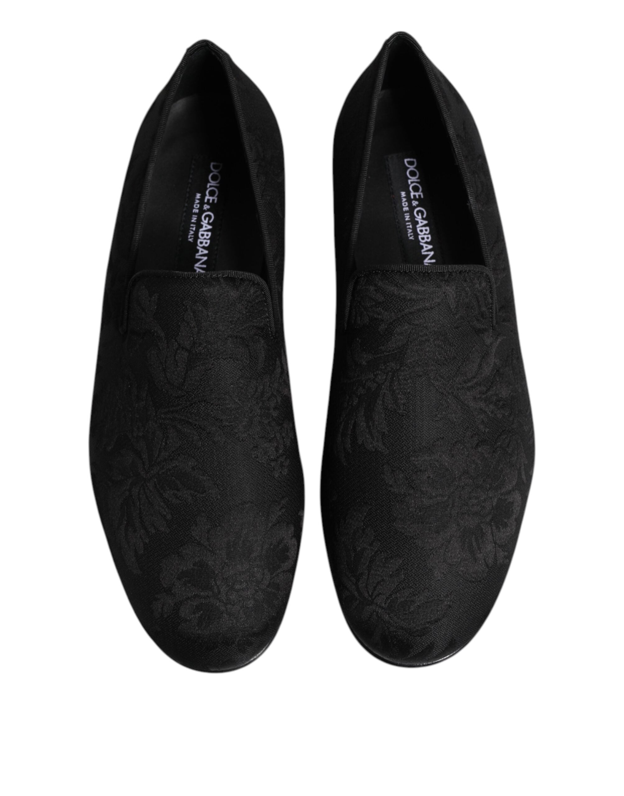 Chaussures habillées pour homme Dolce & Gabbana, loafers en brocart noir avec motif floral, style élégant et sophistiqué.