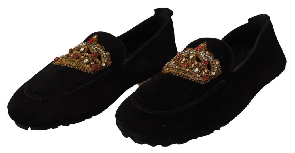 Chaussures loafers en cuir noir Dolce & Gabbana avec cristaux et détails dorés, élégantes et sophistiquées.
