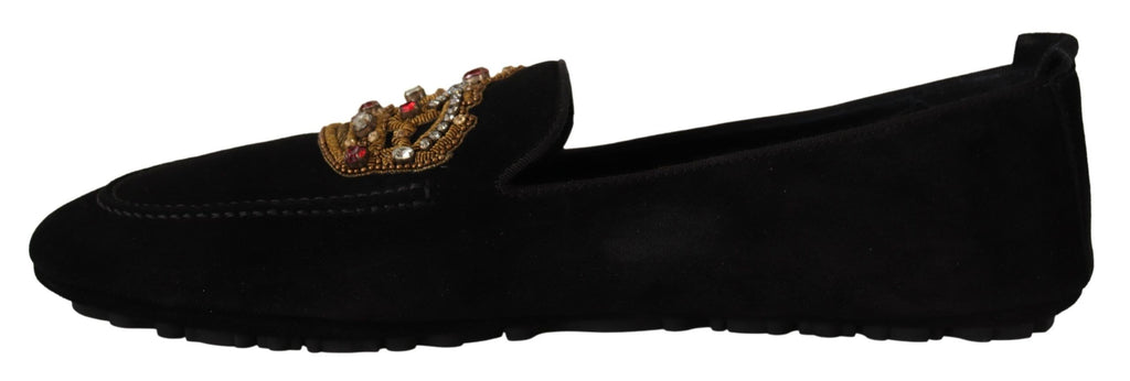Chaussures Dolce & Gabbana, mocassins en cuir noir avec cristaux et détails dorés, couronne or pour femme.