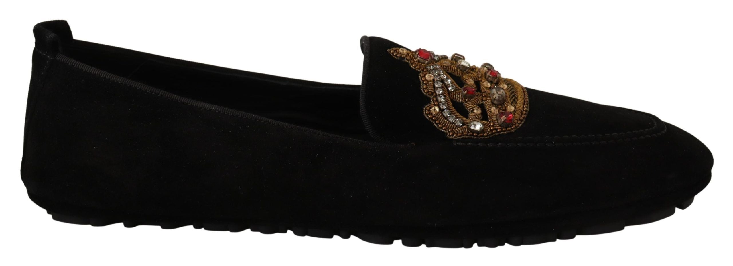 Chaussures Dolce & Gabbana loafers en cuir noir avec cristaux et détails dorés, couronne or sur le dessus.