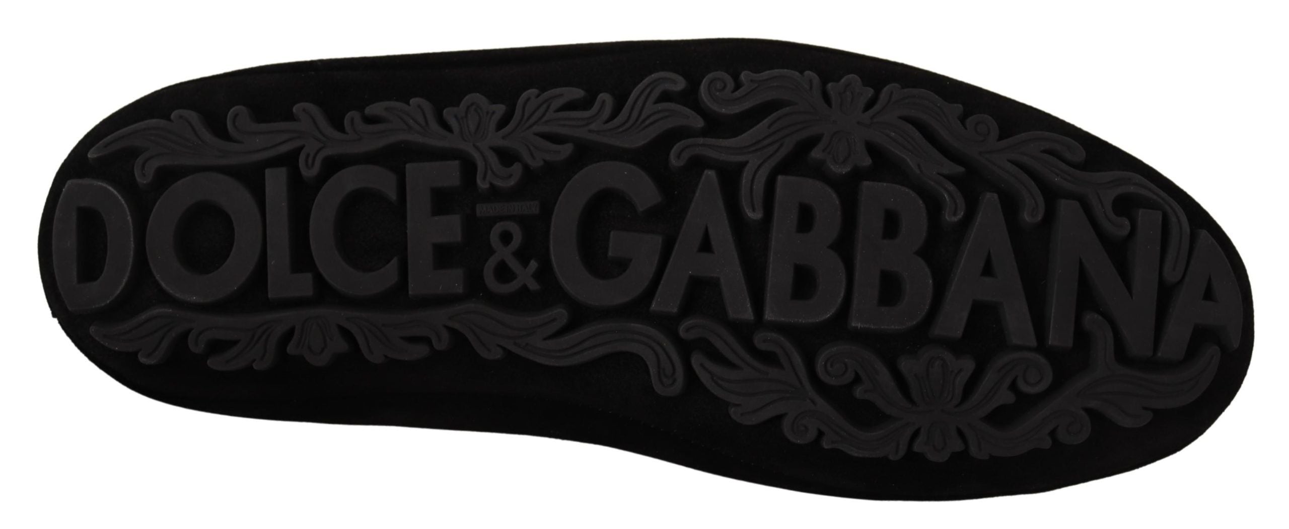 Chaussures Dolce & Gabbana loafers en cuir noir avec cristaux et détails en or, vue de face.