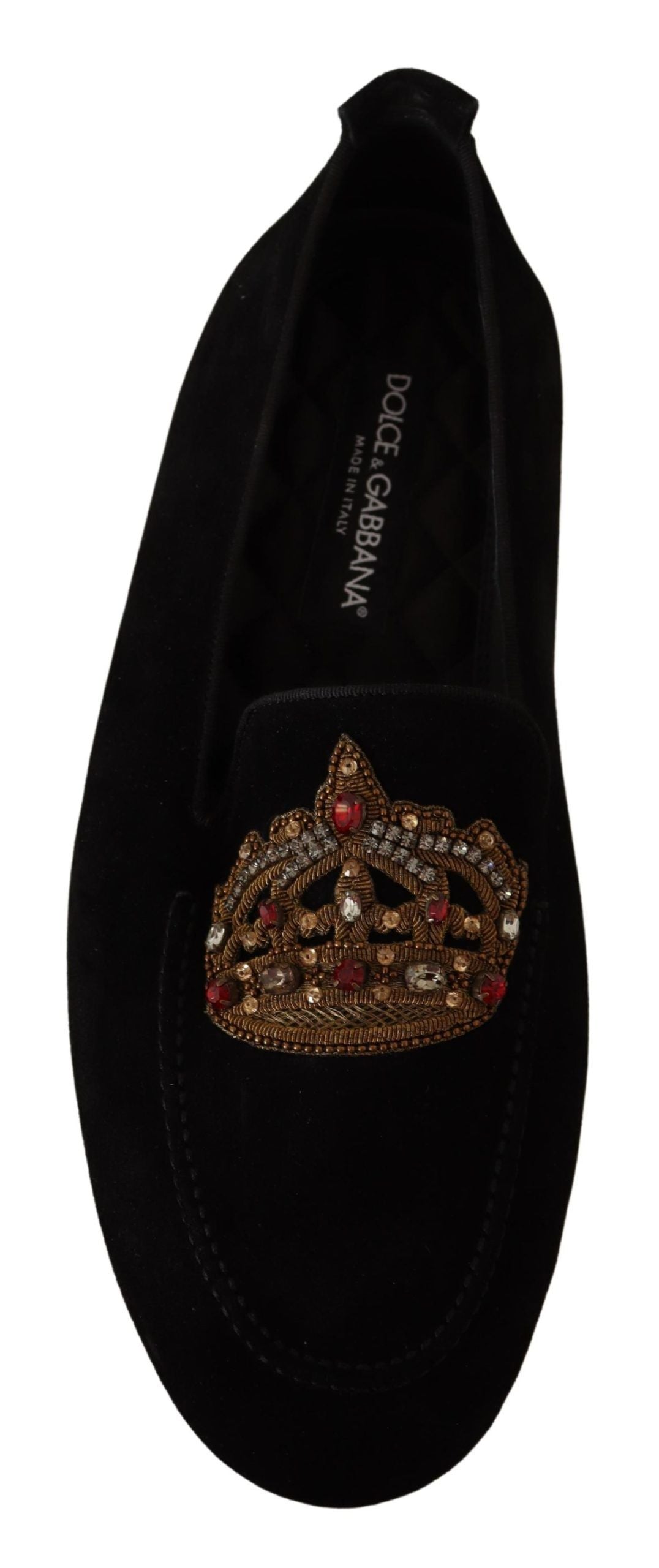 Chaussures Dolce & Gabbana loafers en cuir noir avec cristaux et couronne en or, élégantes et sophistiquées.