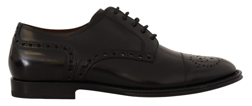 Chaussures Derby homme en cuir noir Dolce & Gabbana, style wingtip, chaussures formelles élégantes en cuir noir.