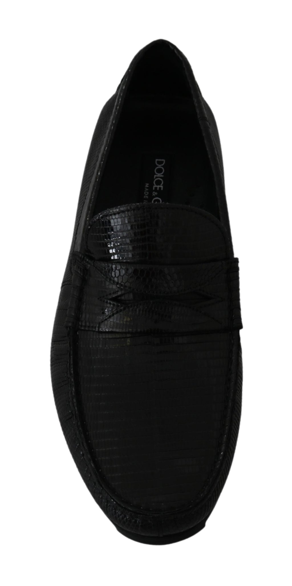 Chaussures Mocassins plats en cuir de lézard noir Dolce & Gabbana avec semelle en caoutchouc, élégantes et sophistiquées.