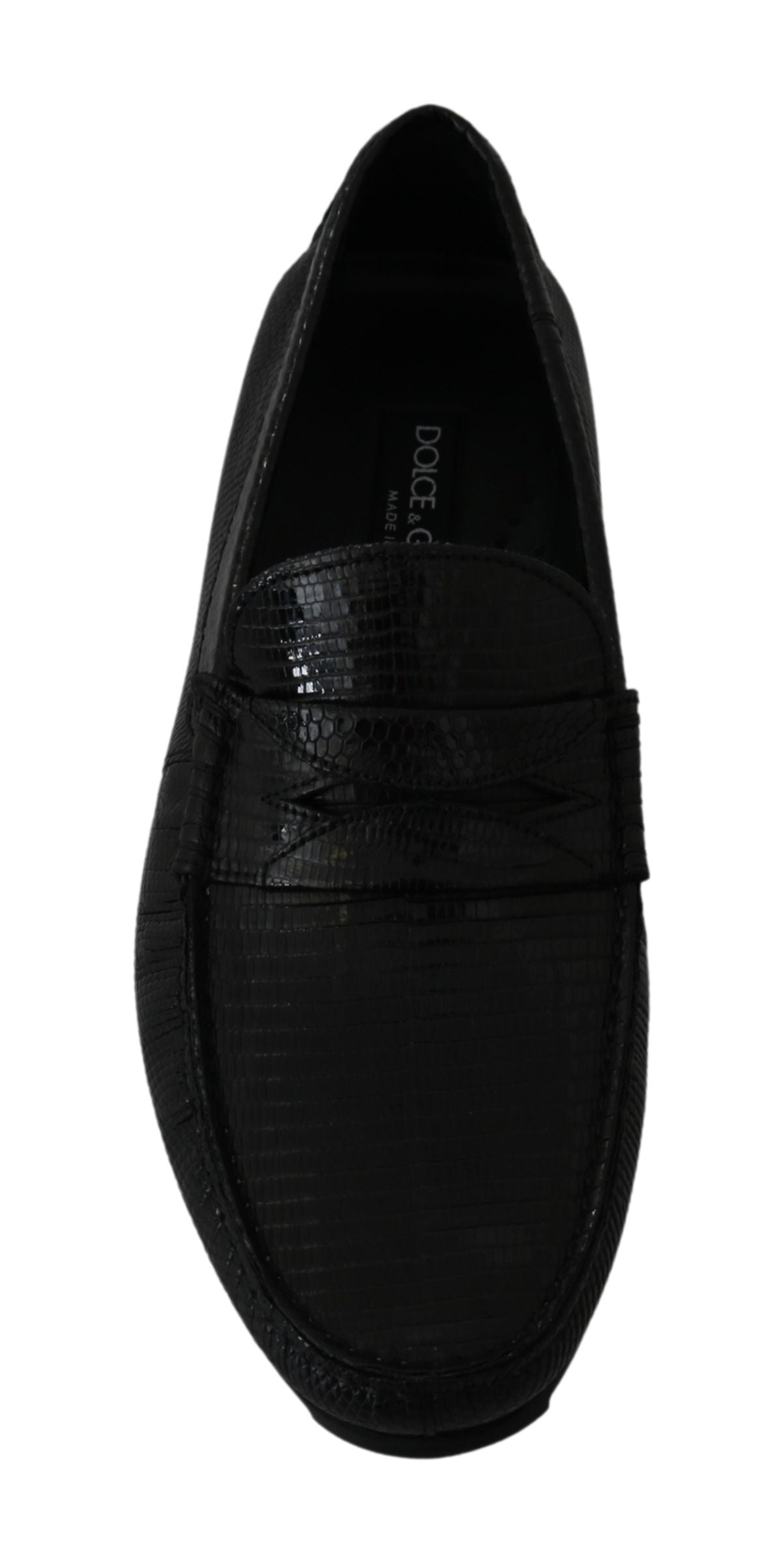 Chaussures Mocassins plats en cuir de lézard noir Dolce & Gabbana avec semelle en caoutchouc, élégantes et sophistiquées.