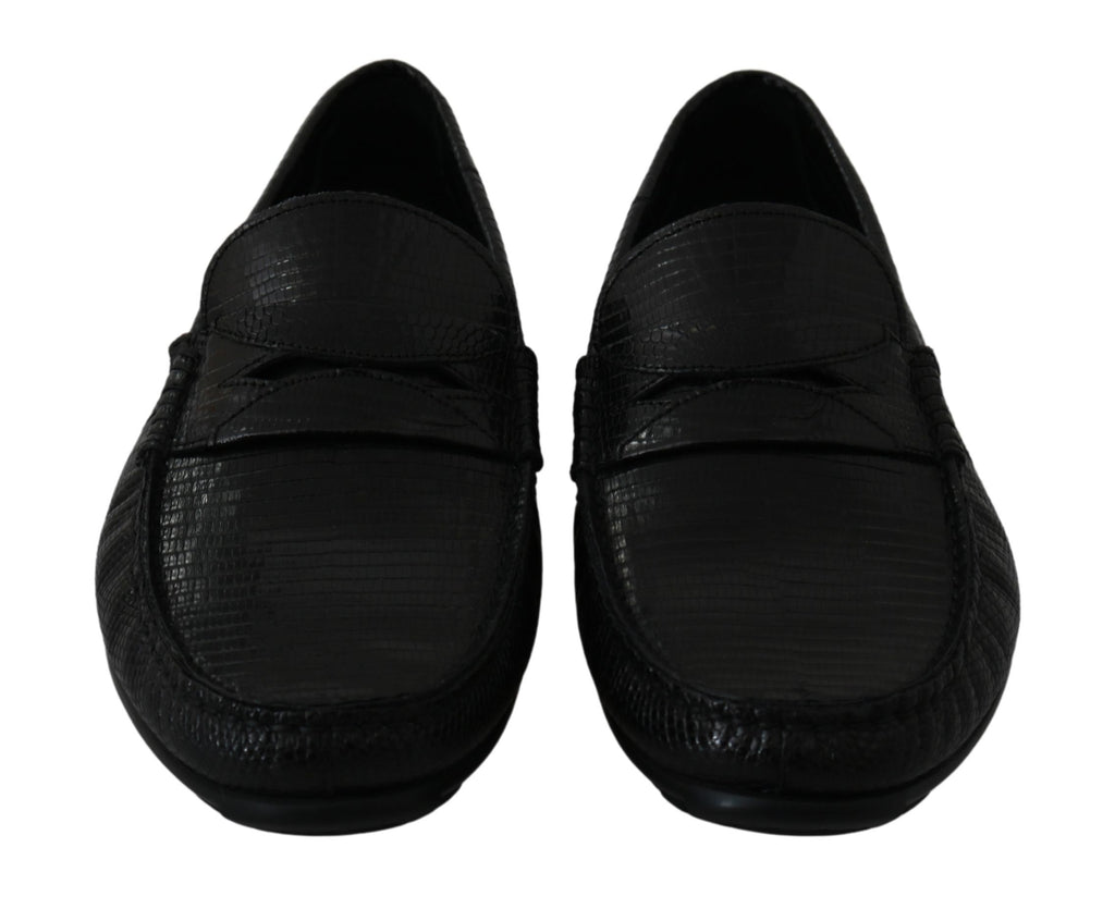 Chaussures loafers plates en cuir de lézard noir Dolce & Gabbana, chaussure élégante pour homme ou femme.