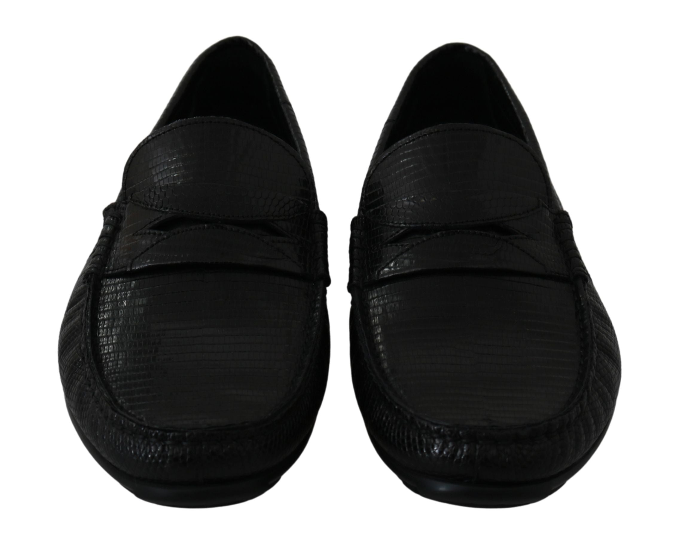 Chaussures loafers plates en cuir de lézard noir Dolce & Gabbana, chaussure élégante pour homme ou femme.