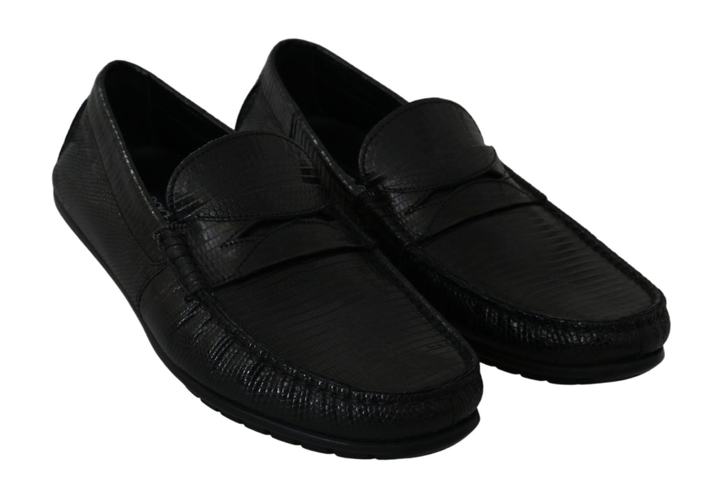 Chaussures mocassins plats en cuir de lézard noir Dolce & Gabbana, souples et élégantes, pour un style sophistiqué.
