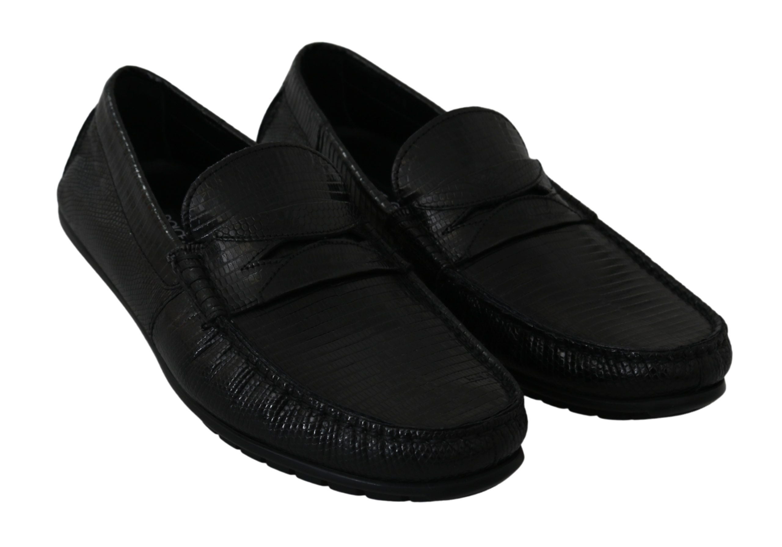 Chaussures mocassins plats en cuir de lézard noir Dolce & Gabbana, souples et élégantes, pour un style sophistiqué.