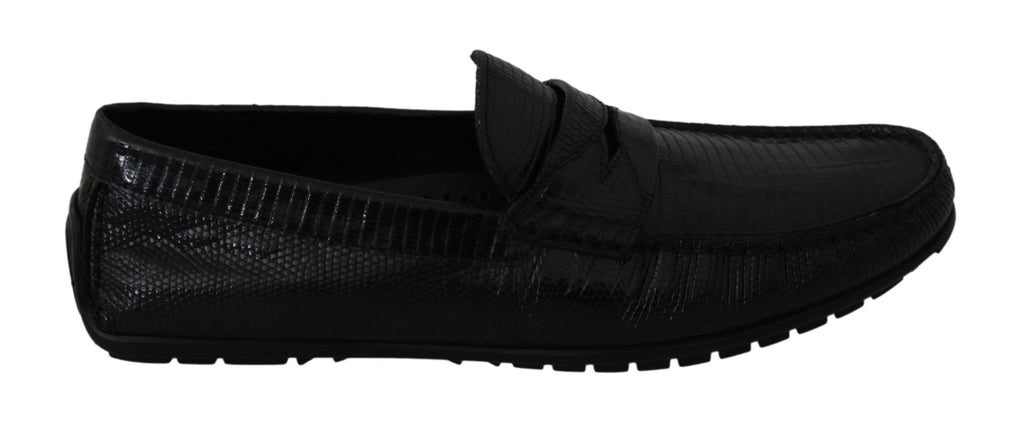 Chaussures mocassins plats en cuir de lézard noir de Dolce & Gabbana, style élégant et sophistiqué.