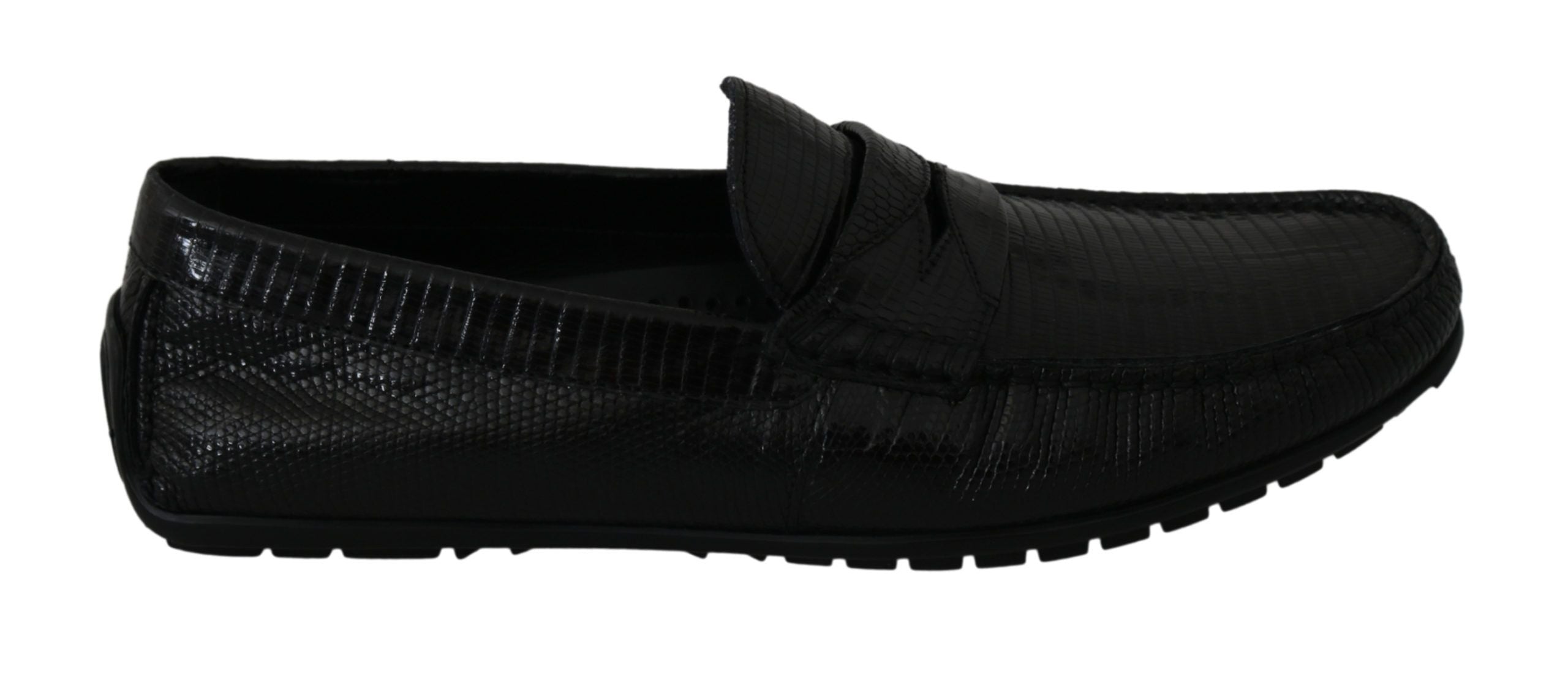 Chaussures mocassins plats en cuir de lézard noir de Dolce & Gabbana, style élégant et sophistiqué.