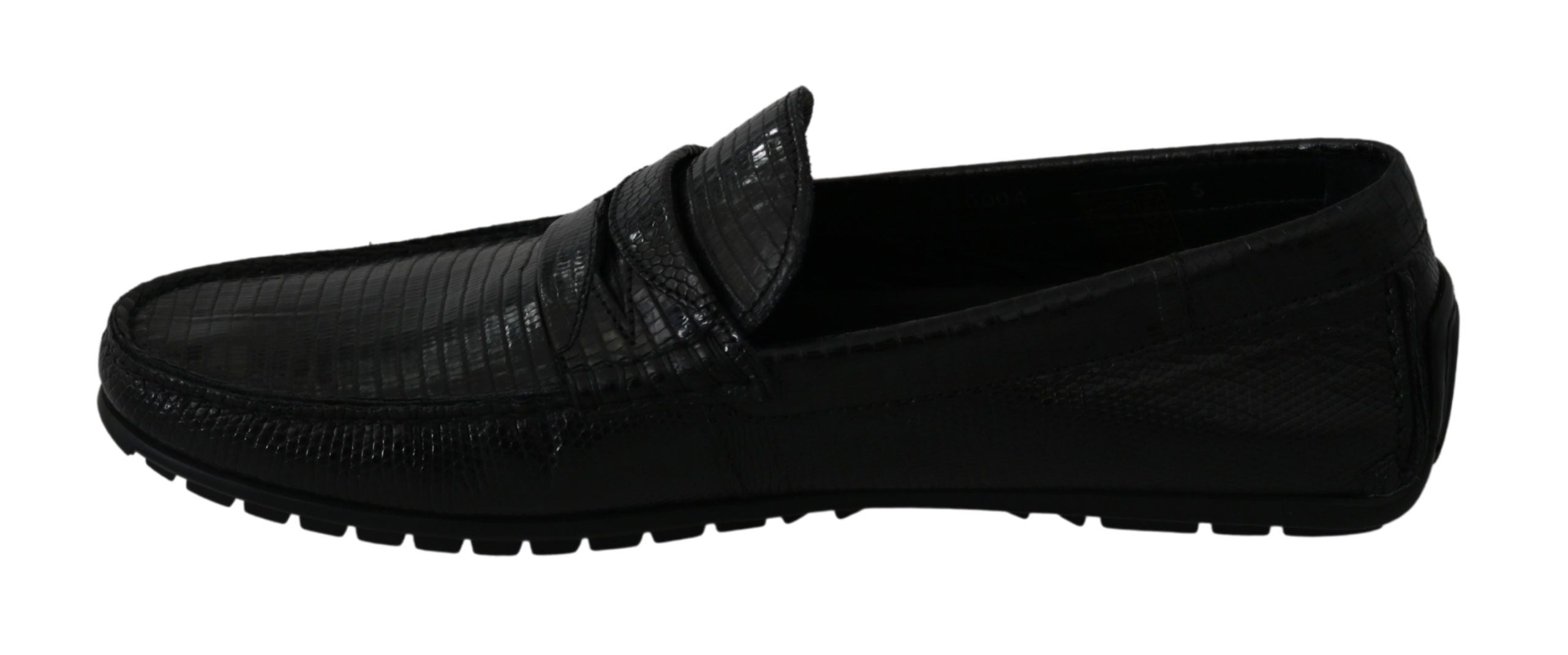 Chaussures mocassins plats en cuir de lézard noir Dolce & Gabbana, élégantes et sophistiquées, vues en gros plan.