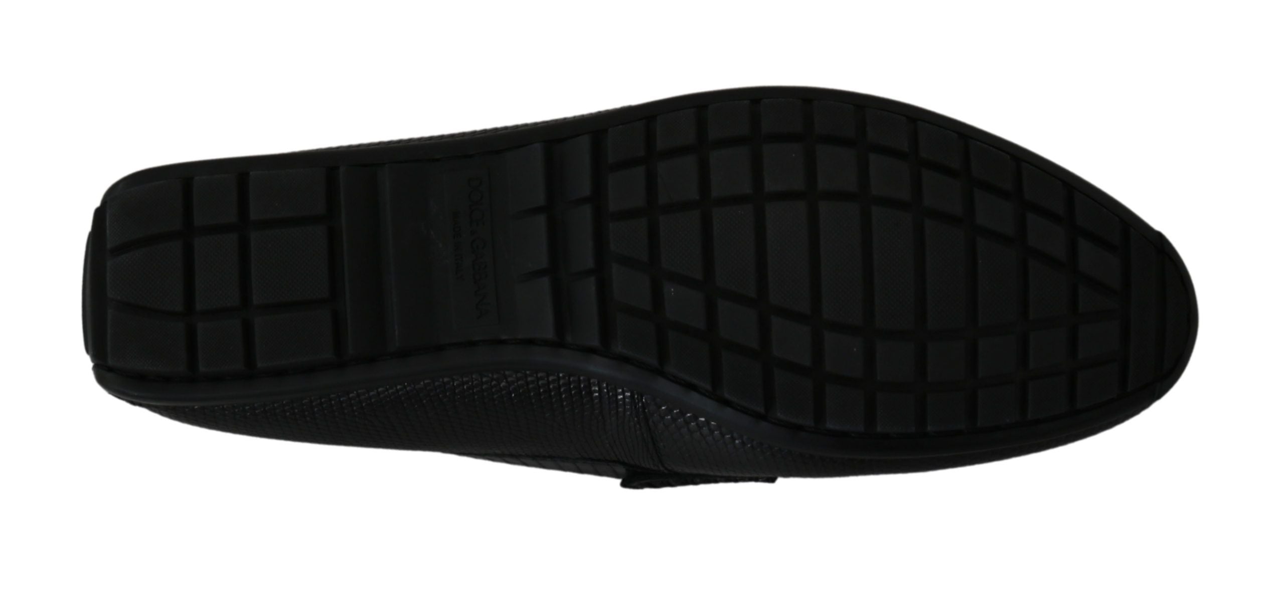 Chaussures mocassins plats en cuir de lézard noir de Dolce & Gabbana, élégantes et sophistiquées, vues en gros plan.