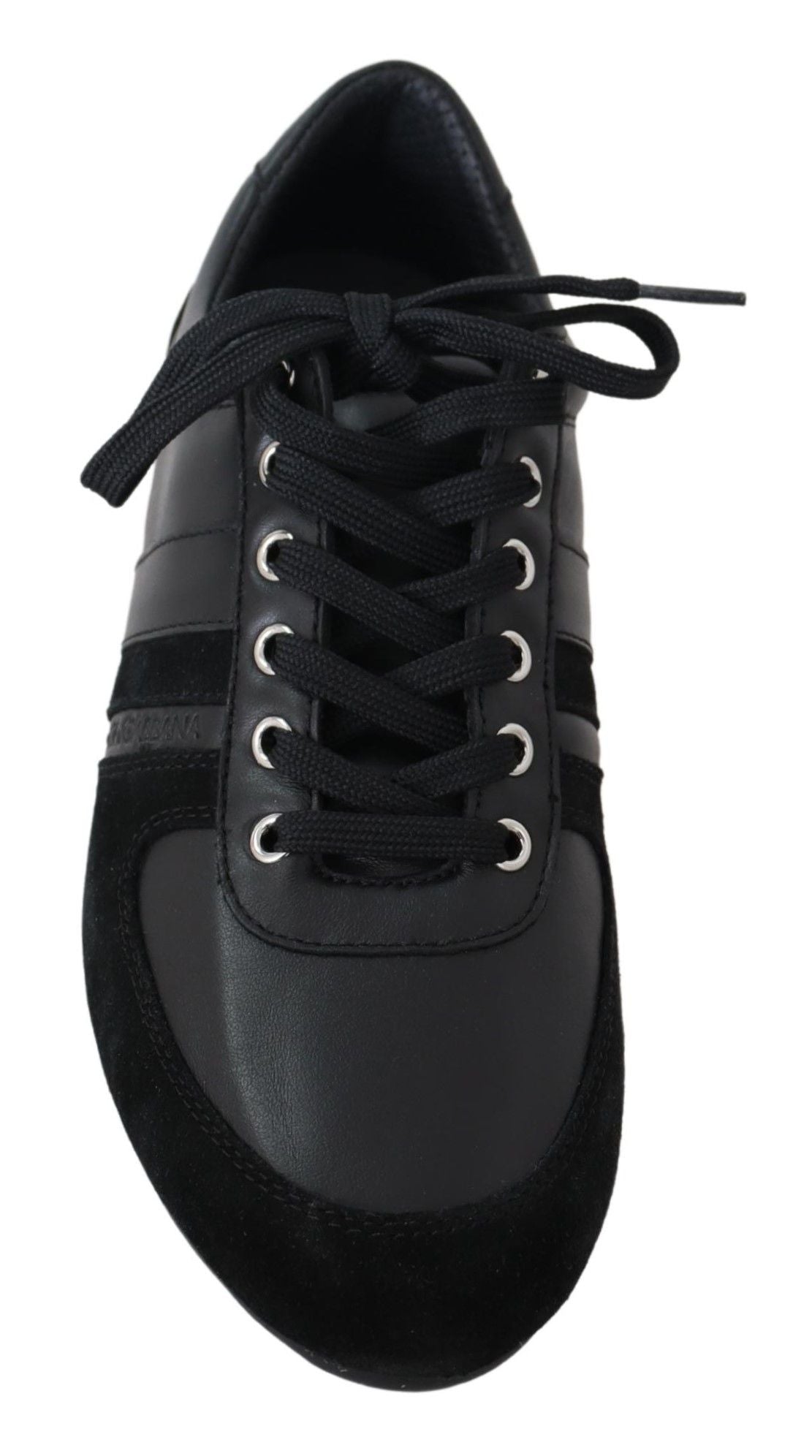 Chaussures sneakers décontractées en cuir noir avec logo Dolce & Gabbana, style casual, vue de face.